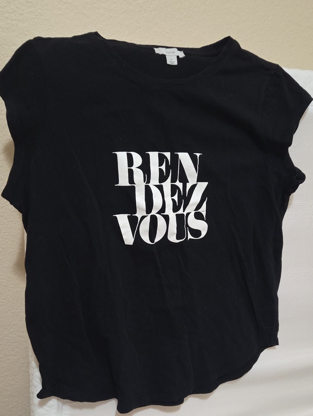 Joie Black Short-Sleeve Graphic Tee with White "RENDEZ VOUS" Print